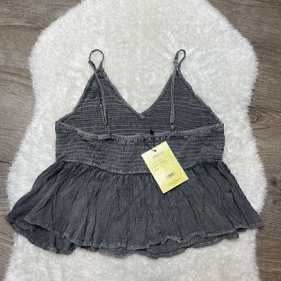 Salty Lemon Charcoal Striped Crop Tank Top Women XL Ruffle Stretch - Picture 3 of 8